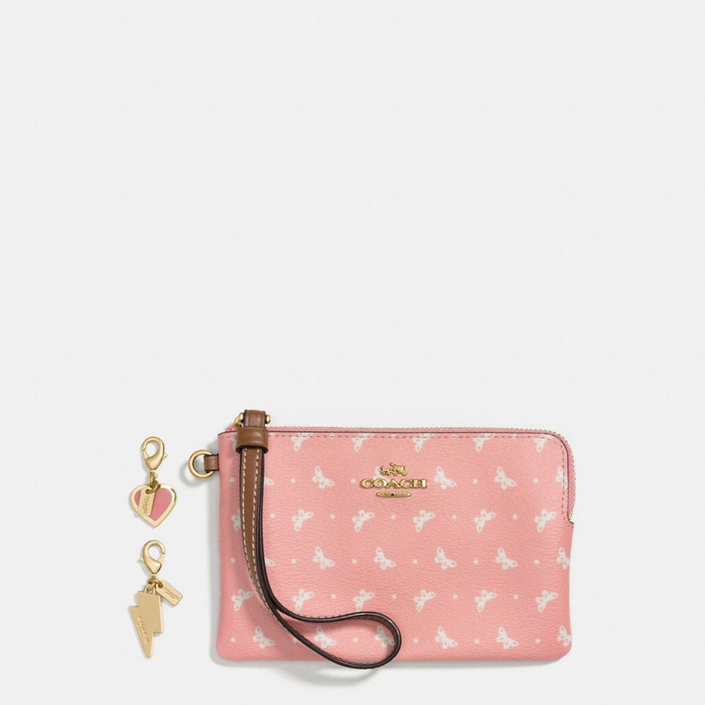 COACH F59068 - BOXED CORNER ZIP WRISTLET IN BUTTERFLY DOT PRINT COATED CANVAS WITH CHARMS IMITATION GOLD/BLUSH CHALK