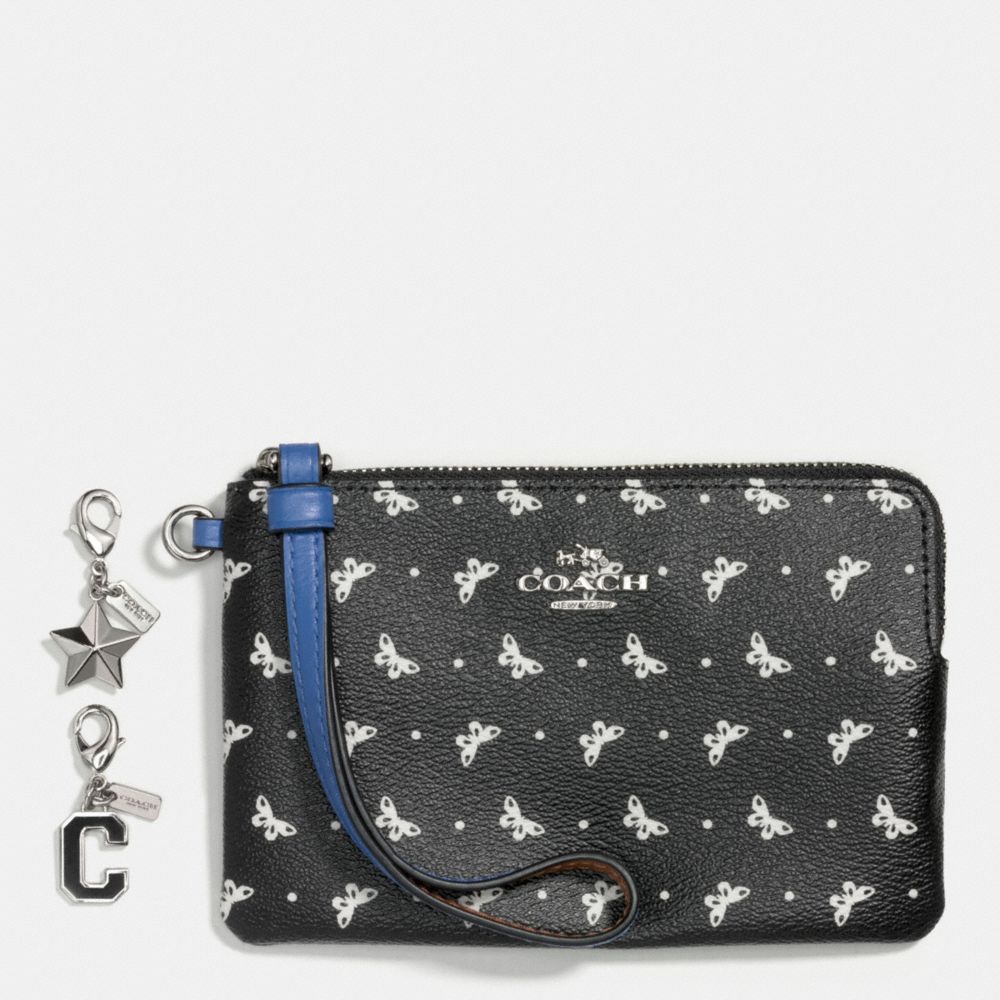 COACH f59068 BOXED CORNER ZIP WRISTLET IN BUTTERFLY DOT PRINT COATED CANVAS WITH CHARMS SILVER/BLACK/CHALK