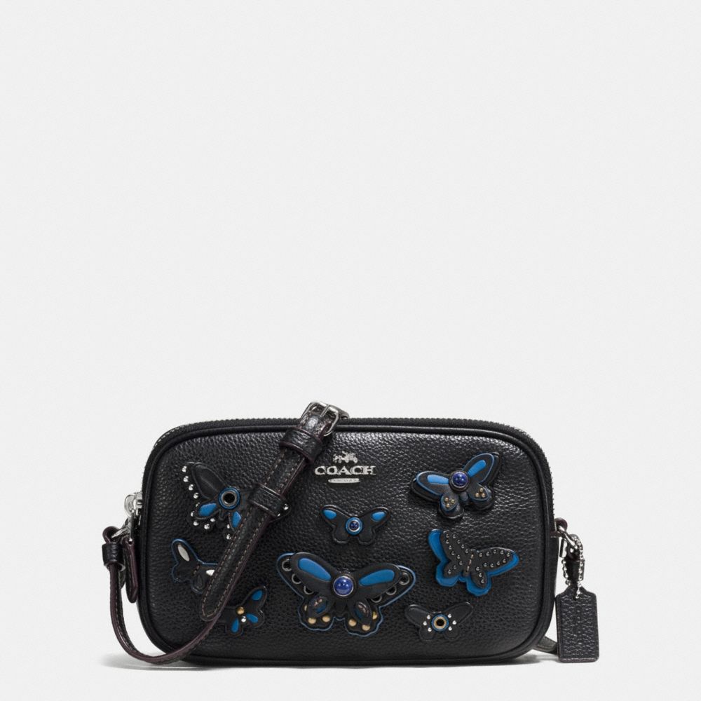 CROSSBODY POUCH IN PEBBLE LEATHER WITH BUTTERFLY APPLIQUE - SILVER/BLACK - COACH F59070