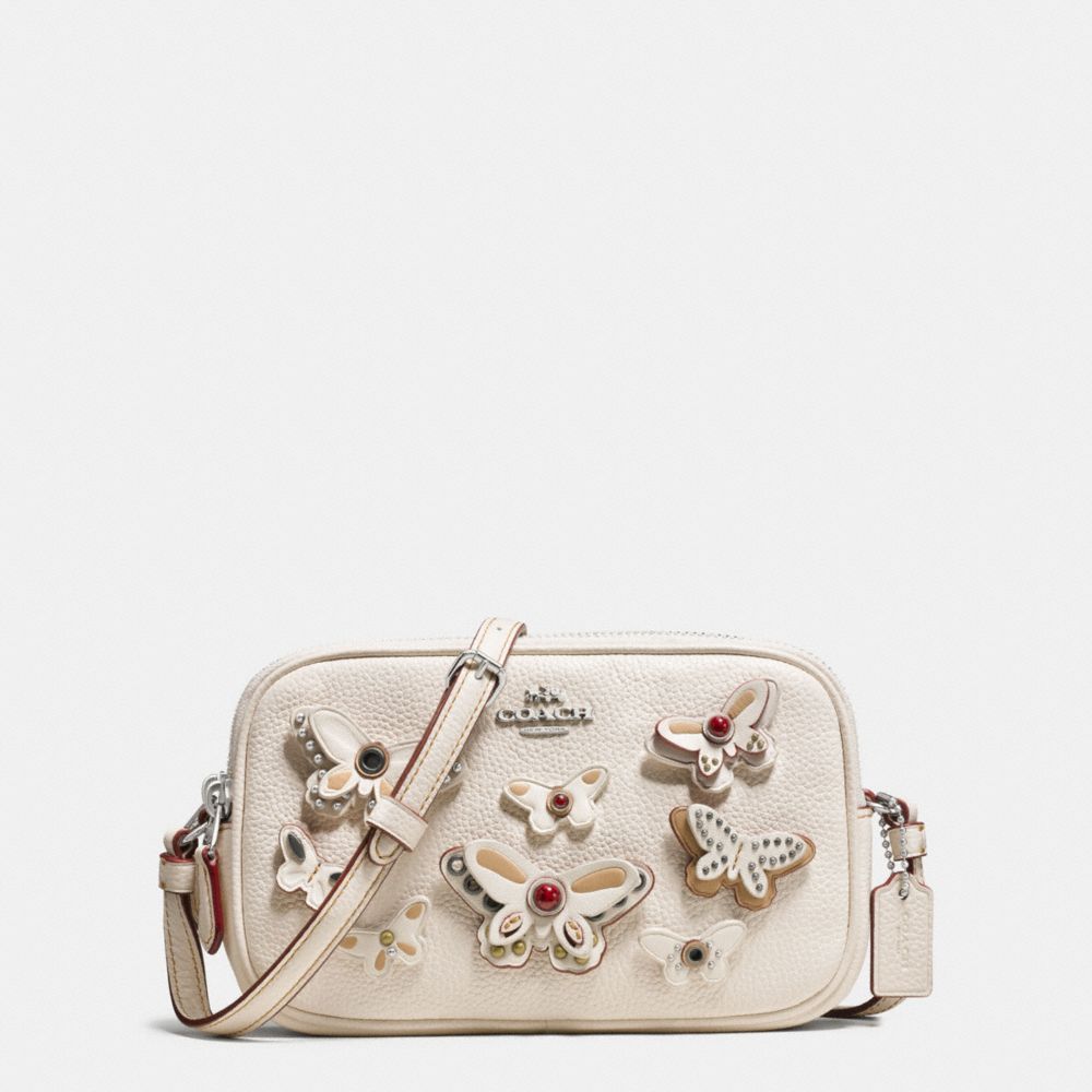 CROSSBODY POUCH IN PEBBLE LEATHER WITH BUTTERFLY APPLIQUE - f59070 - SILVER/CHALK