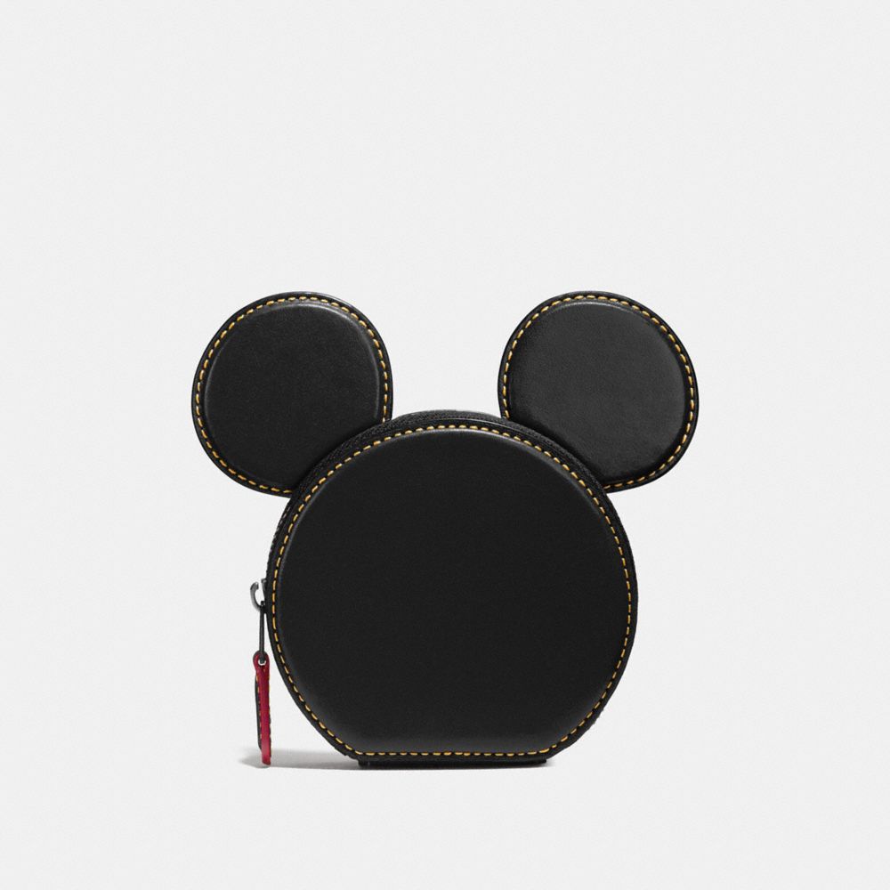 COIN CASE IN GLOVE CALF LEATHER WITH MICKEY EARS - f59071 - ANTIQUE NICKEL/BLACK
