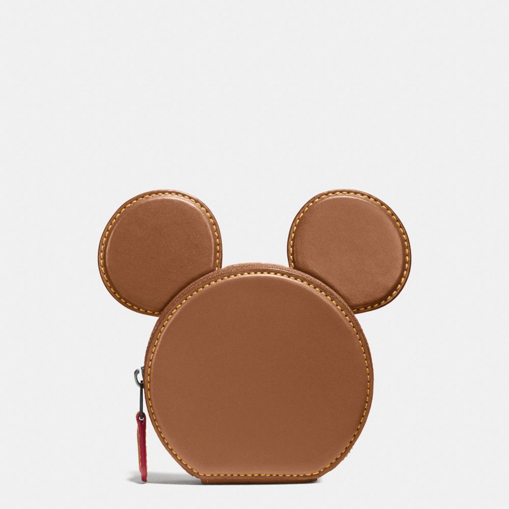COIN CASE IN GLOVE CALF LEATHER WITH MICKEY EARS - f59071 - ANTIQUE NICKEL/SADDLE