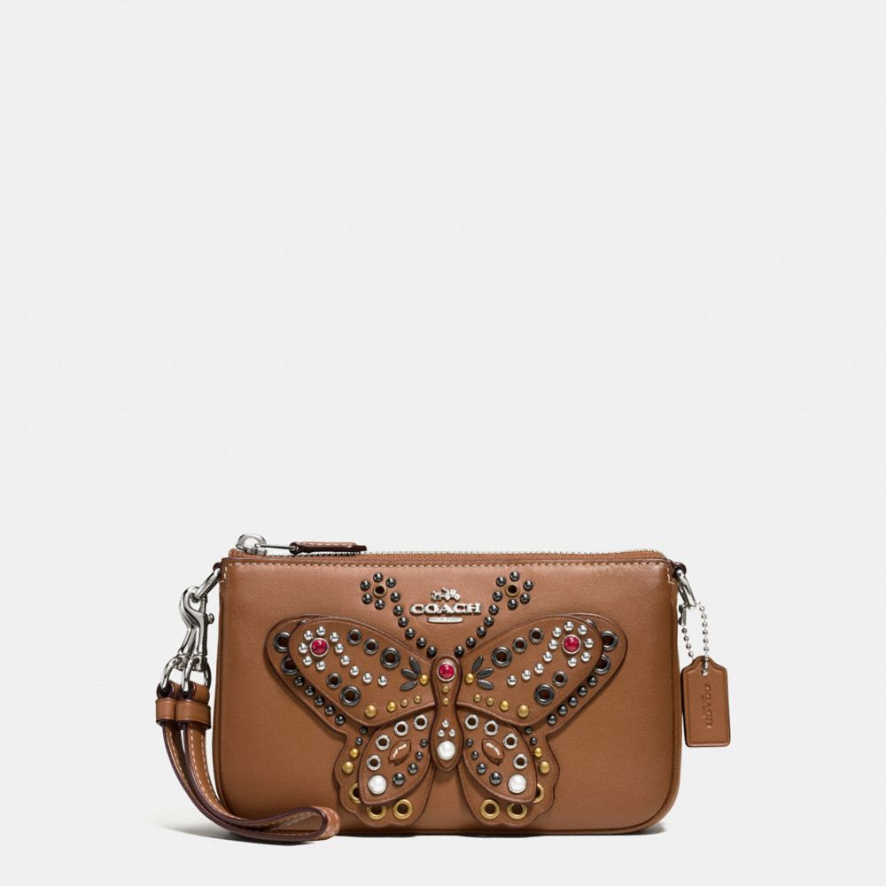 COACH f59076 LARGE WRISTLET 19 IN NATURAL REFINED LEATHER WITH BUTTERFLY STUD SILVER/SADDLE