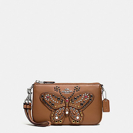 COACH F59076 LARGE WRISTLET 19 IN NATURAL REFINED LEATHER WITH BUTTERFLY STUD SILVER/SADDLE