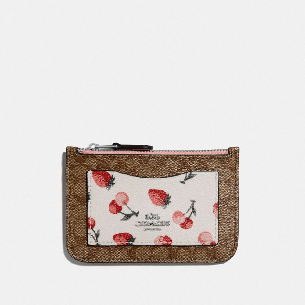 ZIP TOP CARD CASE IN SIGNATURE CANVAS WITH FRUIT PRINT - KHAKI MULTI/SILVER - COACH F59172