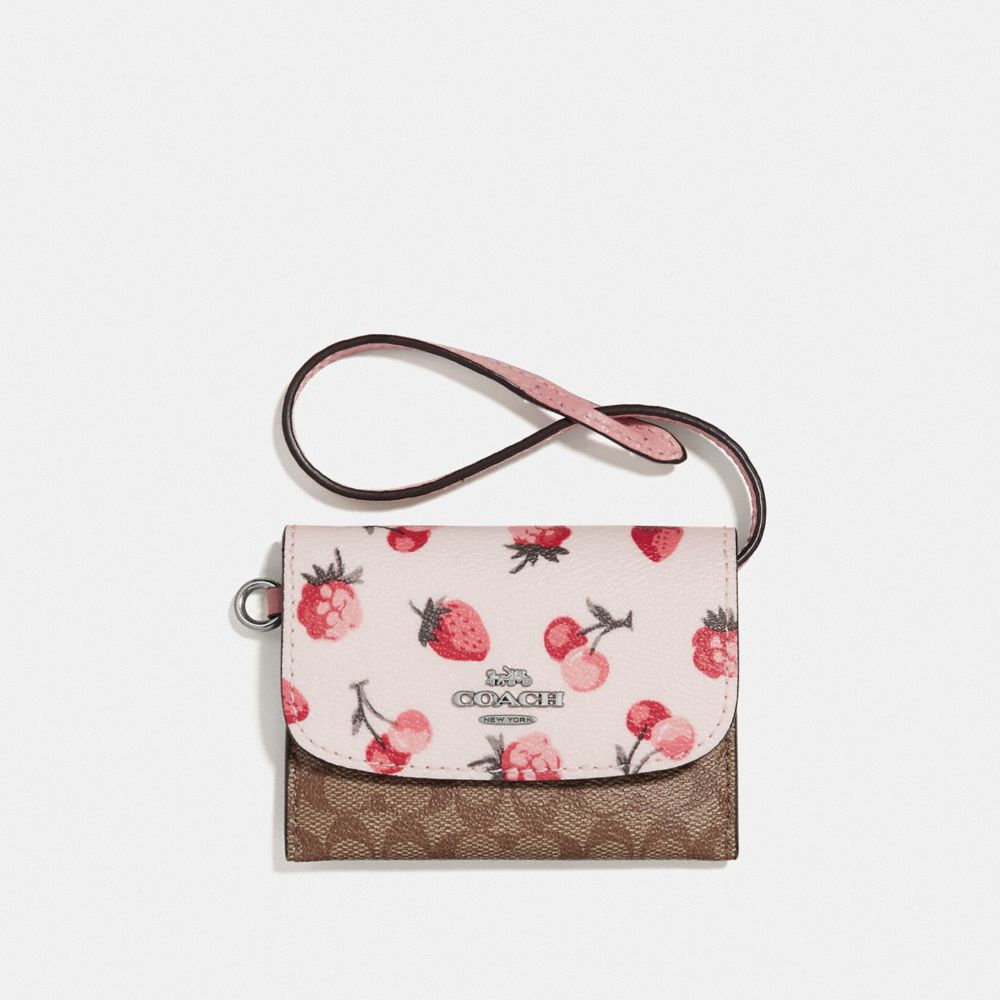 COACH F59176 CARD POUCH IN SIGNATURE CANVAS WITH FRUIT PRINT KHAKI-MULTI/SILVER