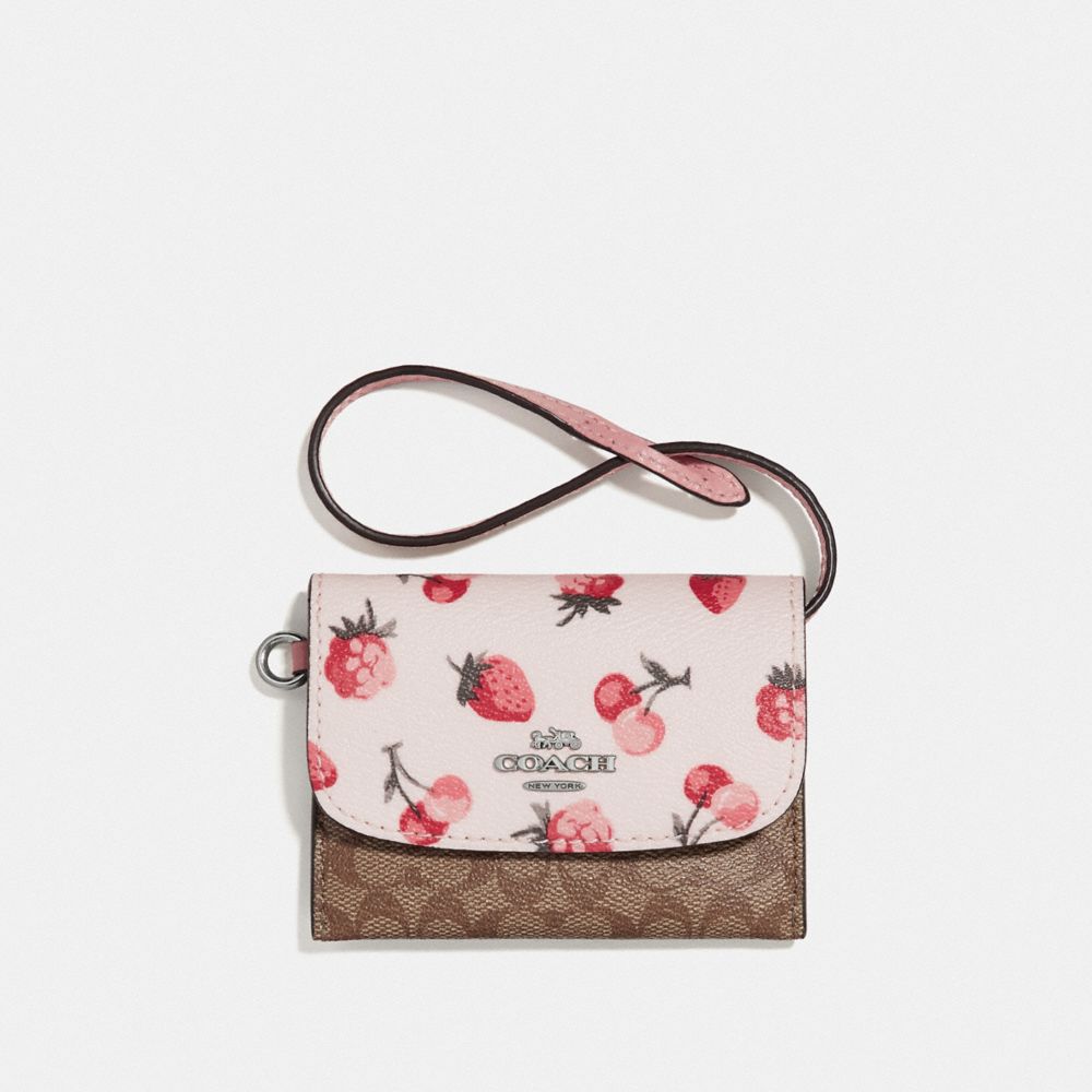 COACH F59176 CARD POUCH IN SIGNATURE CANVAS WITH FRUIT PRINT KHAKI MULTI/SILVER