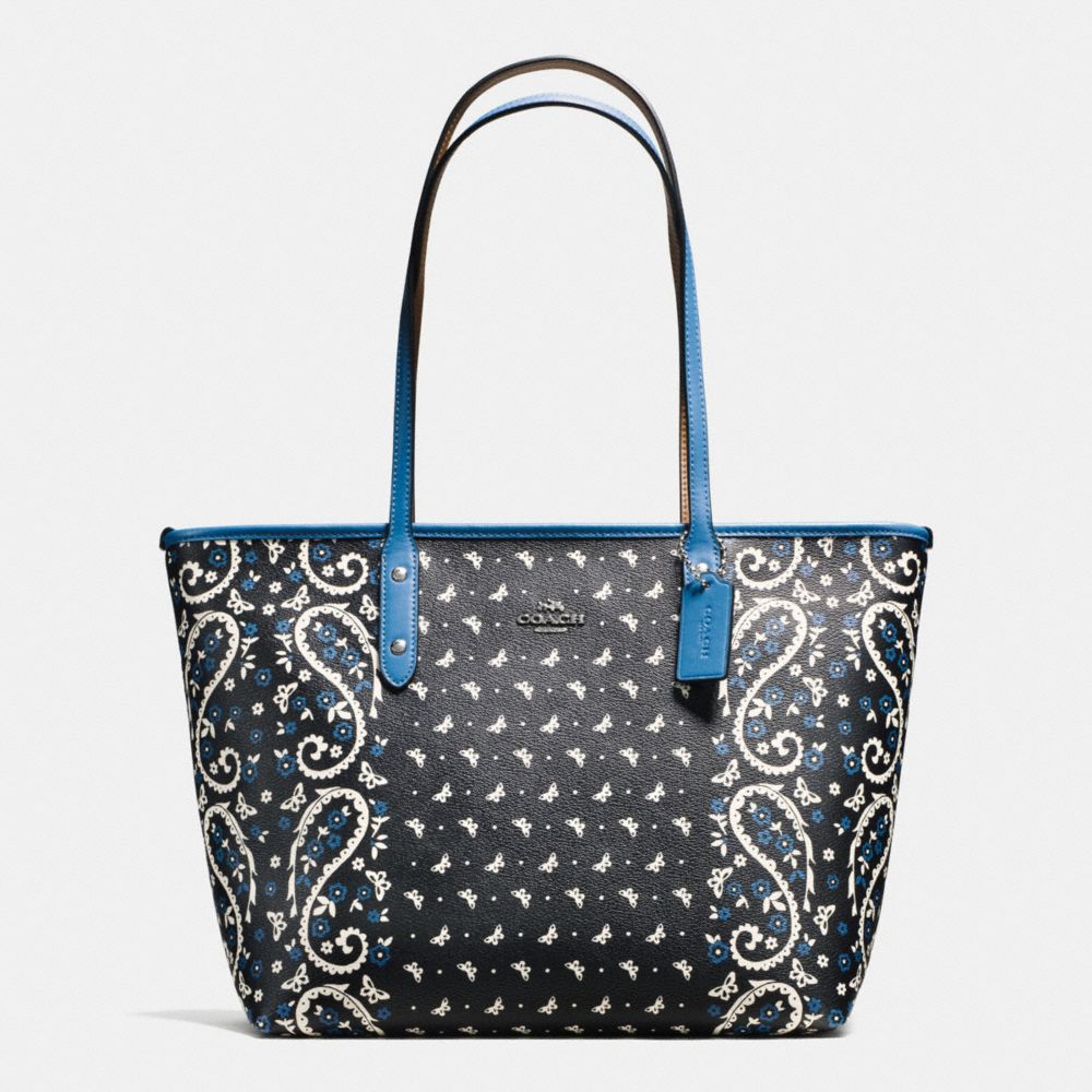 COACH F59329 CITY ZIP TOTE IN BUTTERFLY BANDANA PRINT COATED CANVAS SILVER/BLACK-LAPIS
