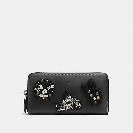 COACH f59340 ACCORDION ZIP WALLET IN GLOVE CALF LEATHER WITH MICKEY PATCHES ANTIQUE NICKEL/BLACK MULTI