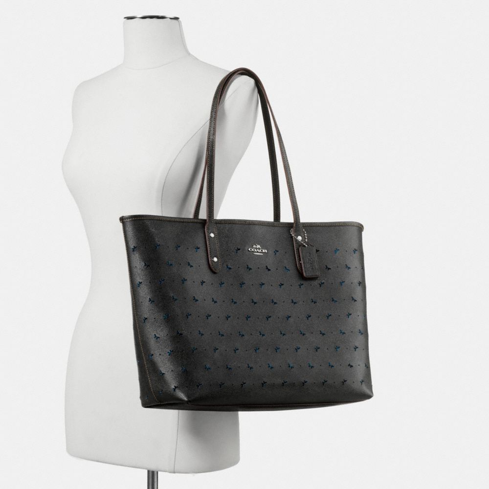 COACH f59345 CITY TOTE IN PERFORATED CROSSGRAIN LEATHER SILVER/BLACK