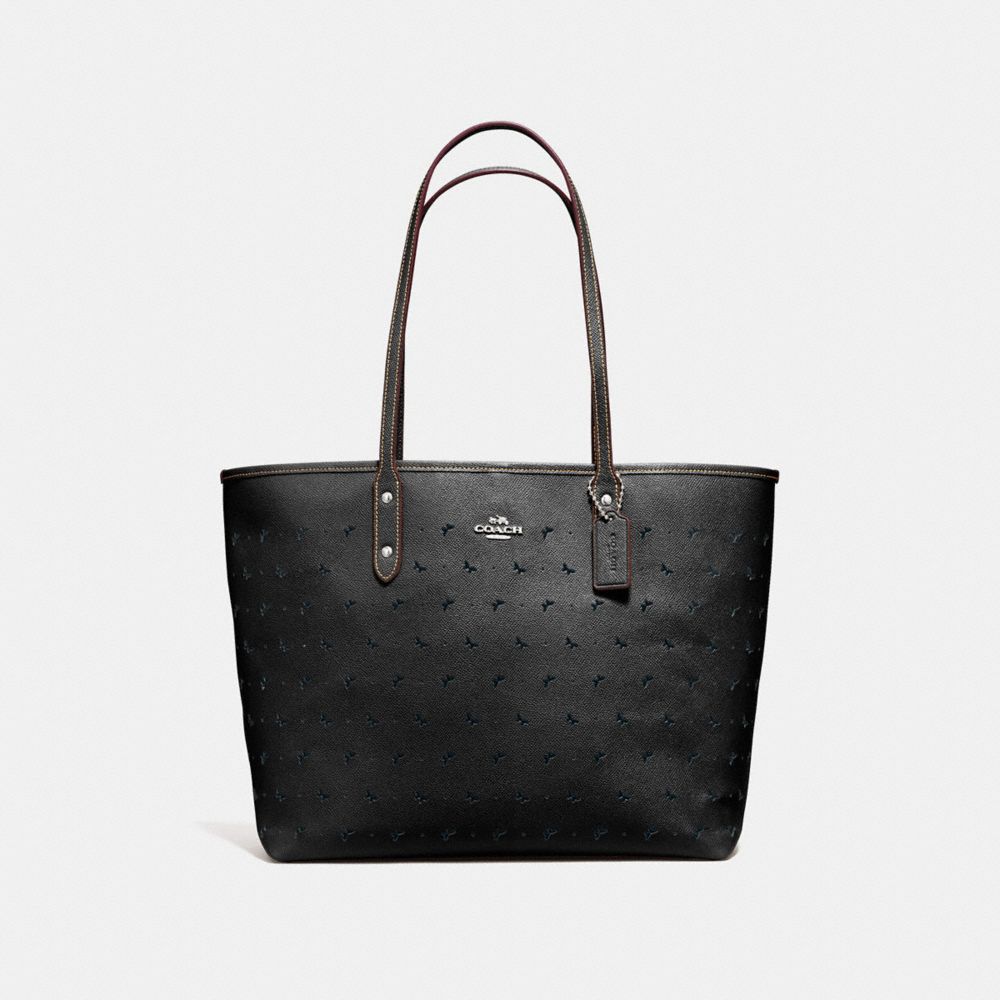 CITY TOTE IN PERFORATED CROSSGRAIN LEATHER - f59345 - SILVER/BLACK