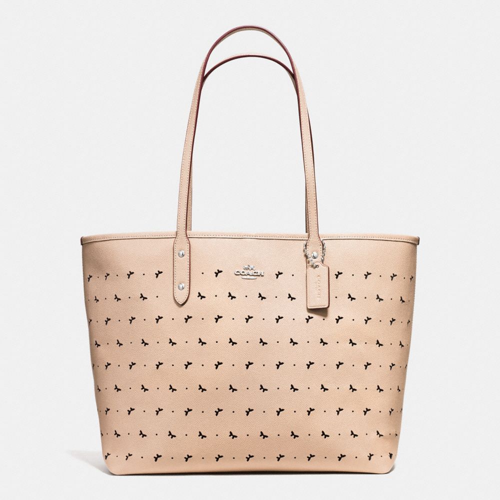 COACH F59345 City Tote In Perforated Crossgrain Leather SILVER/BEECHWOOD