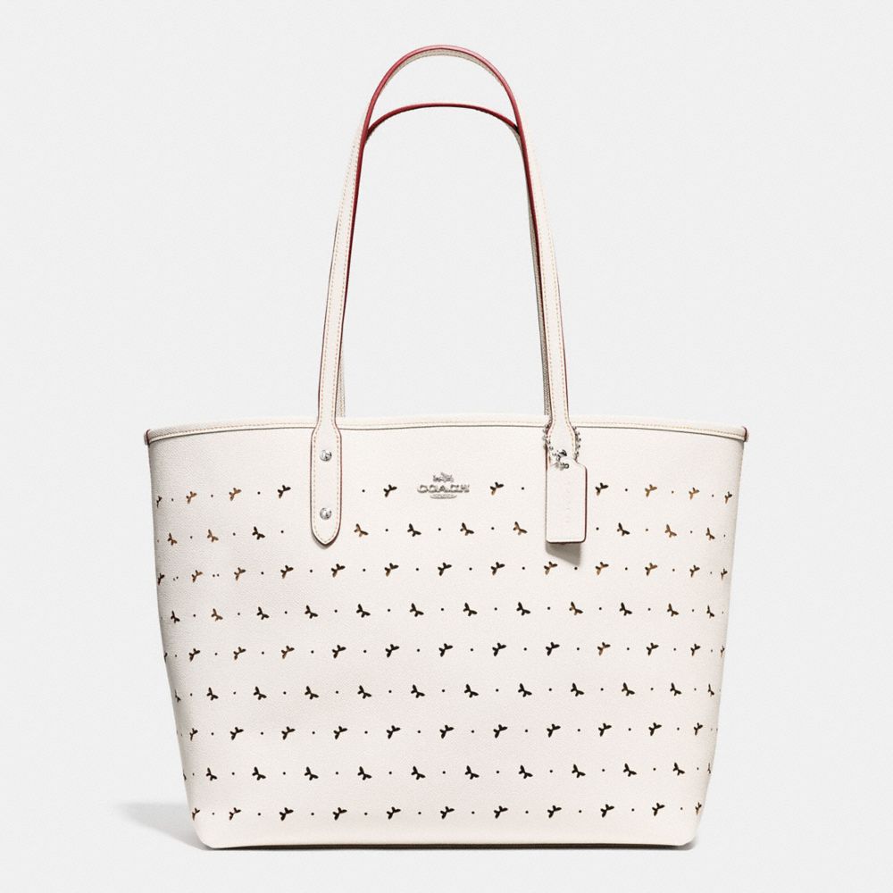 COACH F59345 City Tote In Perforated Crossgrain Leather SILVER/CHALK