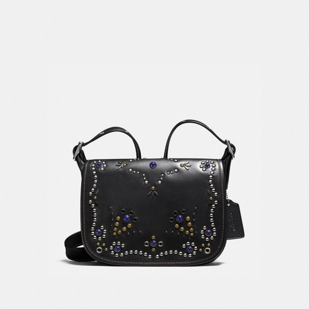 PATRICIA SADDLE BAG 23 IN NATURAL REFINED LEATHER WITH ALL OVER STUDDED EMBELLISHMENT - f59351 - SILVER/BLACK