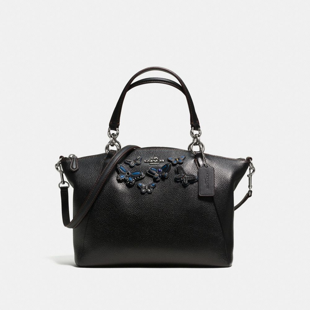 SMALL KELSEY SATCHEL IN PEBBLE LEATHER WITH BUTTERFLY APPLIQUE - f59354 - SILVER/BLACK