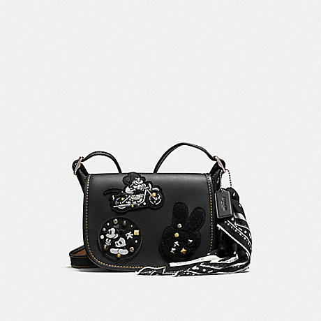 COACH F59355 PATRICIA SADDLE 18 IN GLOVE CALF LEATHER WITH MICKEY PATCHES ANTIQUE-NICKEL/BLACK-MULTI