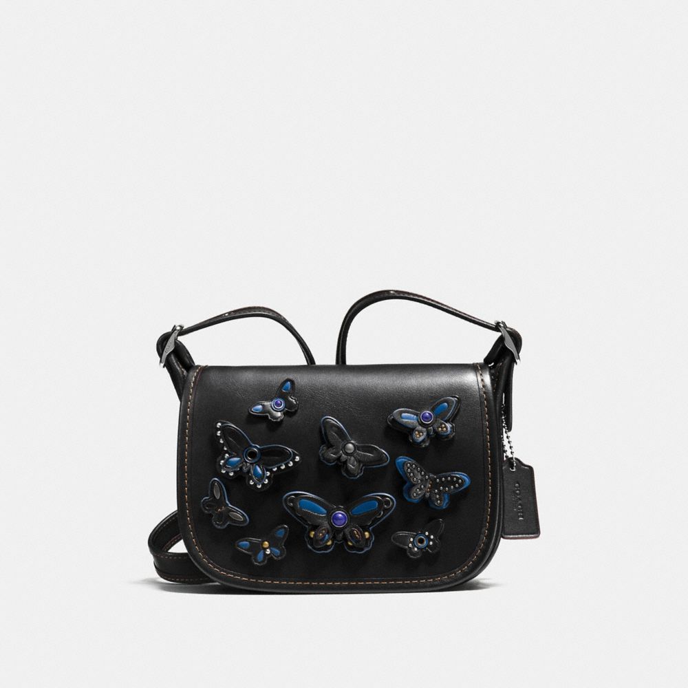 PATRICIA SADDLE BAG 18 IN NATURAL LEATHER WITH ALL OVER BUTTERFLY APPLIQUE - f59360 - SILVER/BLACK
