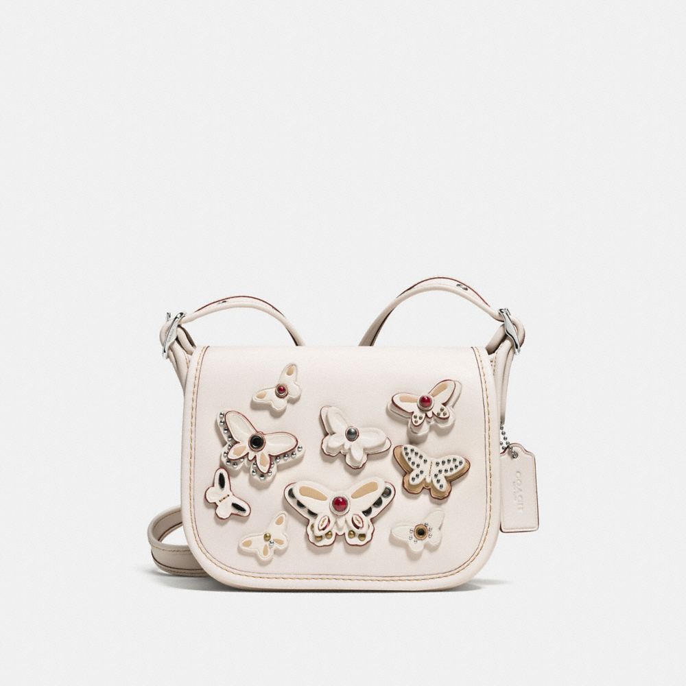 COACH F59360 Patricia Saddle Bag 18 In Natural Leather With All Over Butterfly Applique SILVER/CHALK