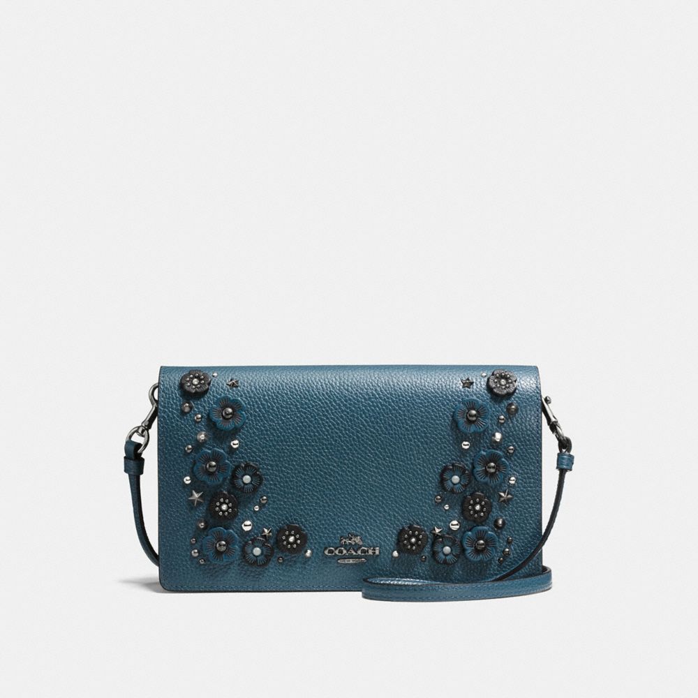 FOLDOVER CROSSBODY CLUTCH WITH TEA ROSE DETAIL - f59382 - MINERAL/DARK GUNMETAL