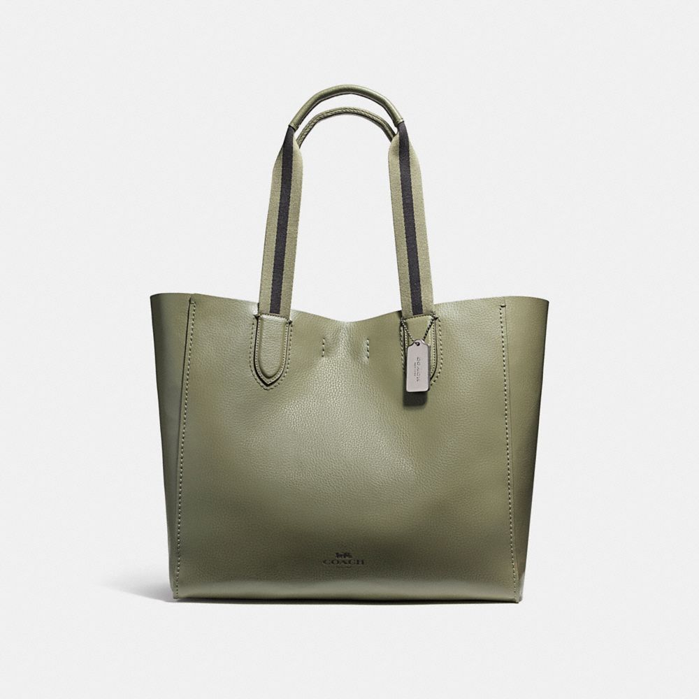 LARGE DERBY TOTE IN PEBBLE LEATHER WITH FLORAL PRINTED INTERIOR - f59392 - BLACK ANTIQUE NICKEL/MILITARY GREEN