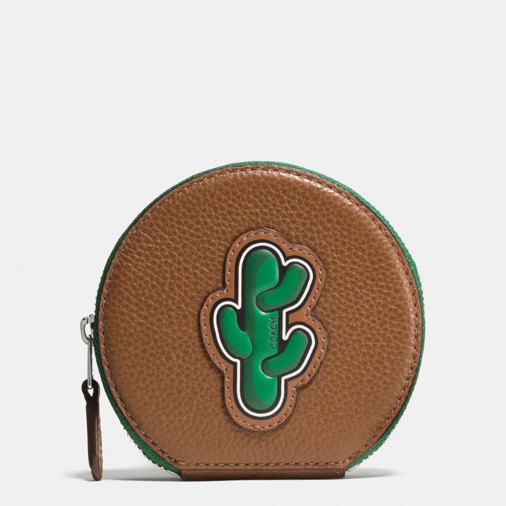 COIN CASE IN PEBBLE LEATHER WITH CACTUS - f59408 - SILVER/MULTI