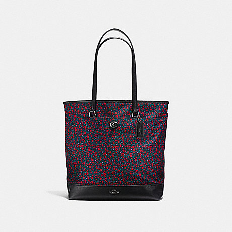 COACH f59435 TOTE IN RANCH FLORAL PRINT NYLON BLACK ANTIQUE NICKEL/BRIGHT RED