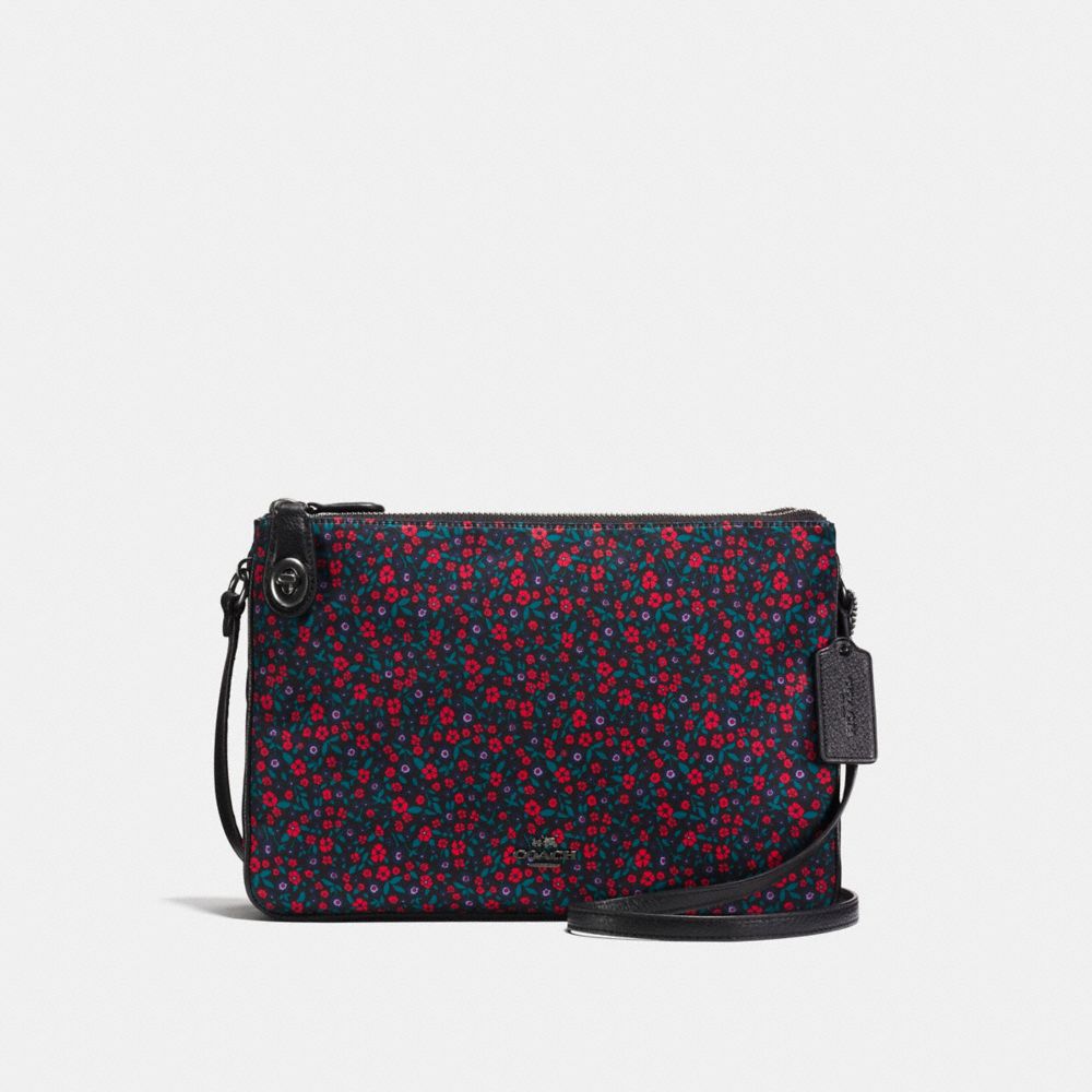 COACH f59436 CROSSBODY IN RANCH FLORAL PRINT NYLON BLACK ANTIQUE NICKEL/BRIGHT RED