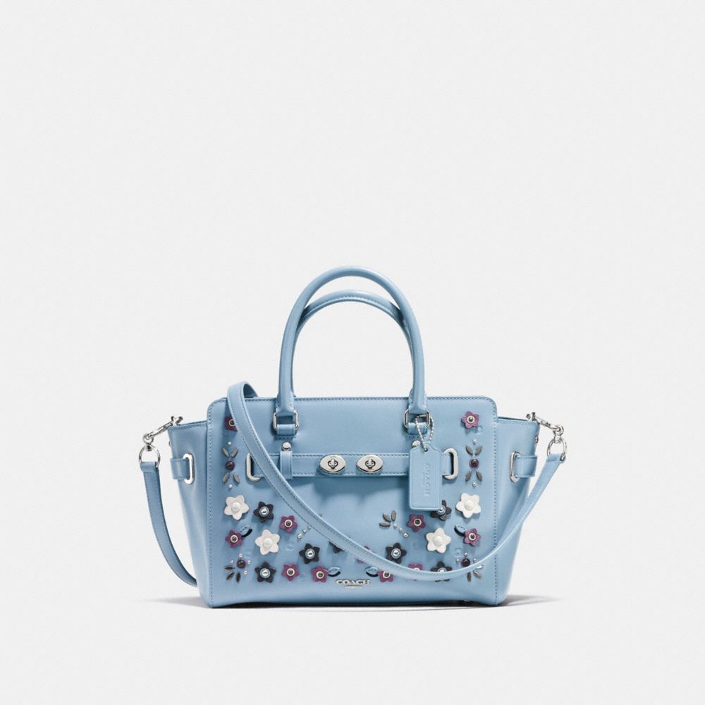 COACH F59450 BLAKE CARRYALL 25 IN NATURAL REFINED LEATHER WITH FLORAL APPLIQUE SILVER/CORNFLOWER-MULTI