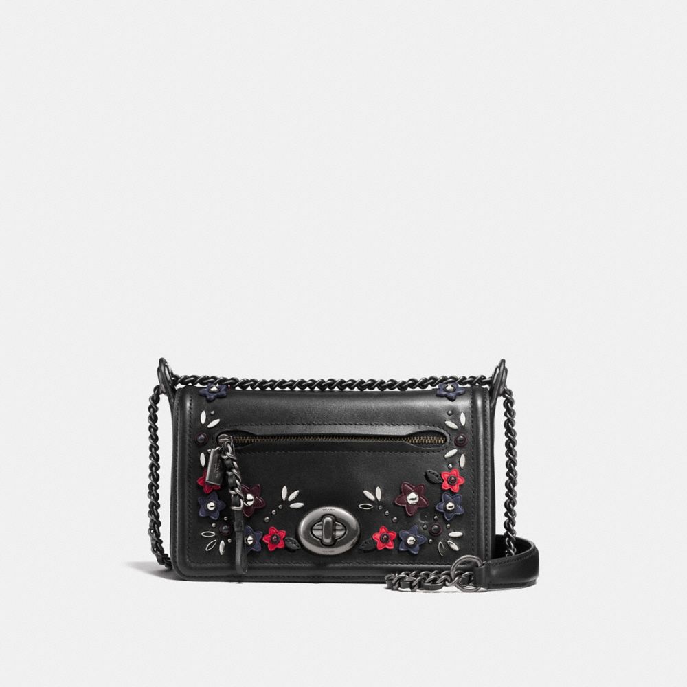 COACH F59451 - LEX SMALL FLAP CROSSBODY IN NATURAL REFINED LEATHER WITH FLORAL APPLIQUE ANTIQUE NICKEL/BLACK MULTI