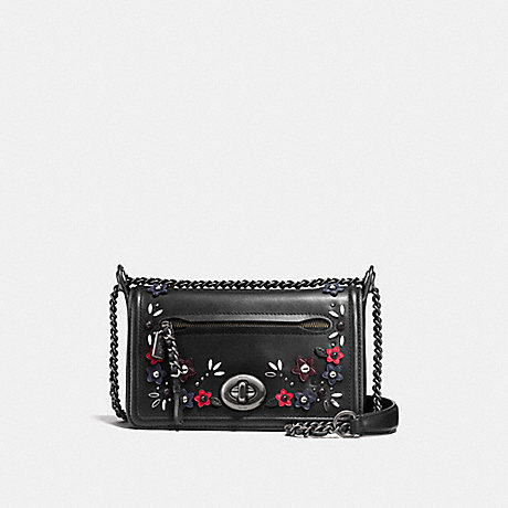 COACH F59451 LEX SMALL FLAP CROSSBODY IN NATURAL REFINED LEATHER WITH FLORAL APPLIQUE ANTIQUE-NICKEL/BLACK-MULTI