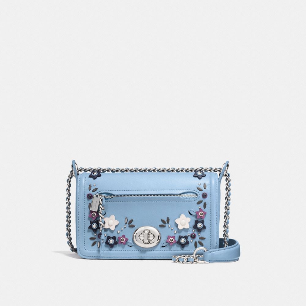 COACH LEX SMALL FLAP CROSSBODY IN NATURAL REFINED LEATHER WITH FLORAL APPLIQUE - SILVER/CORNFLOWER MULTI - F59451