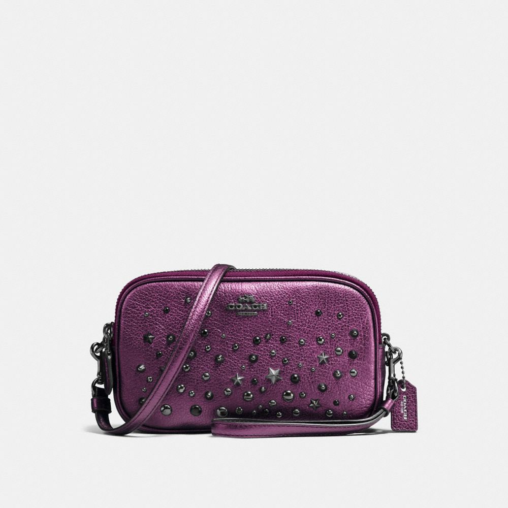 CROSSBODY CLUTCH WITH STAR RIVETS - f59452 - MATTE BLACK/METALLIC MAUVE