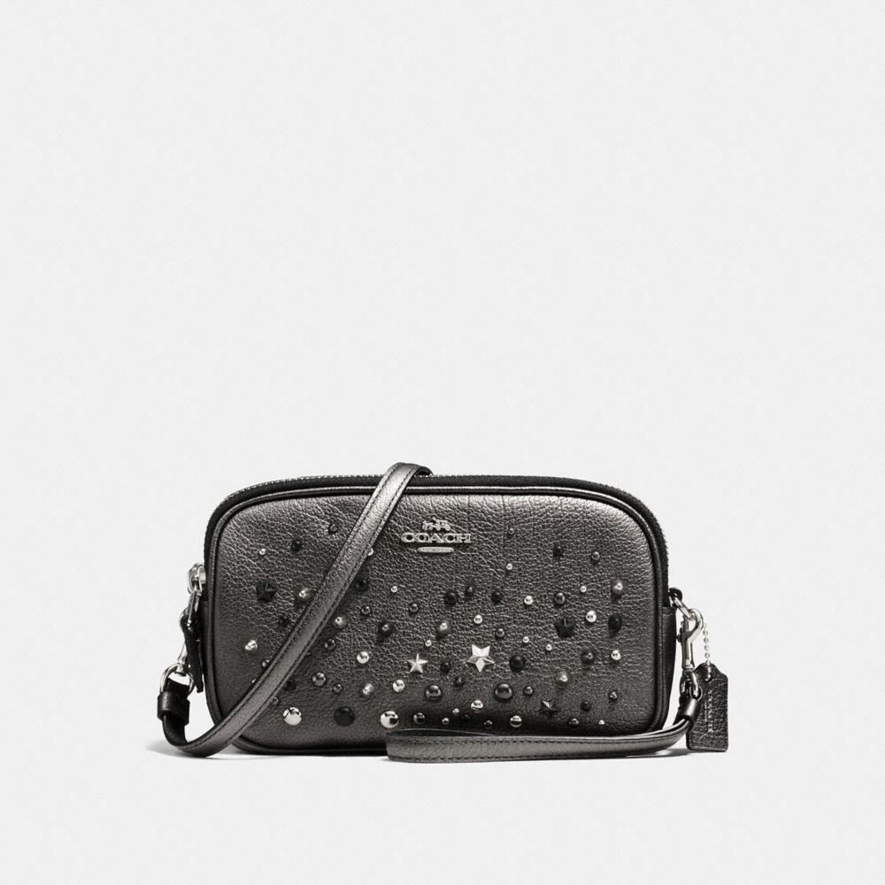 COACH f59452 CROSSBODY CLUTCH WITH STAR RIVETS SILVER/METALLIC GRAPHITE