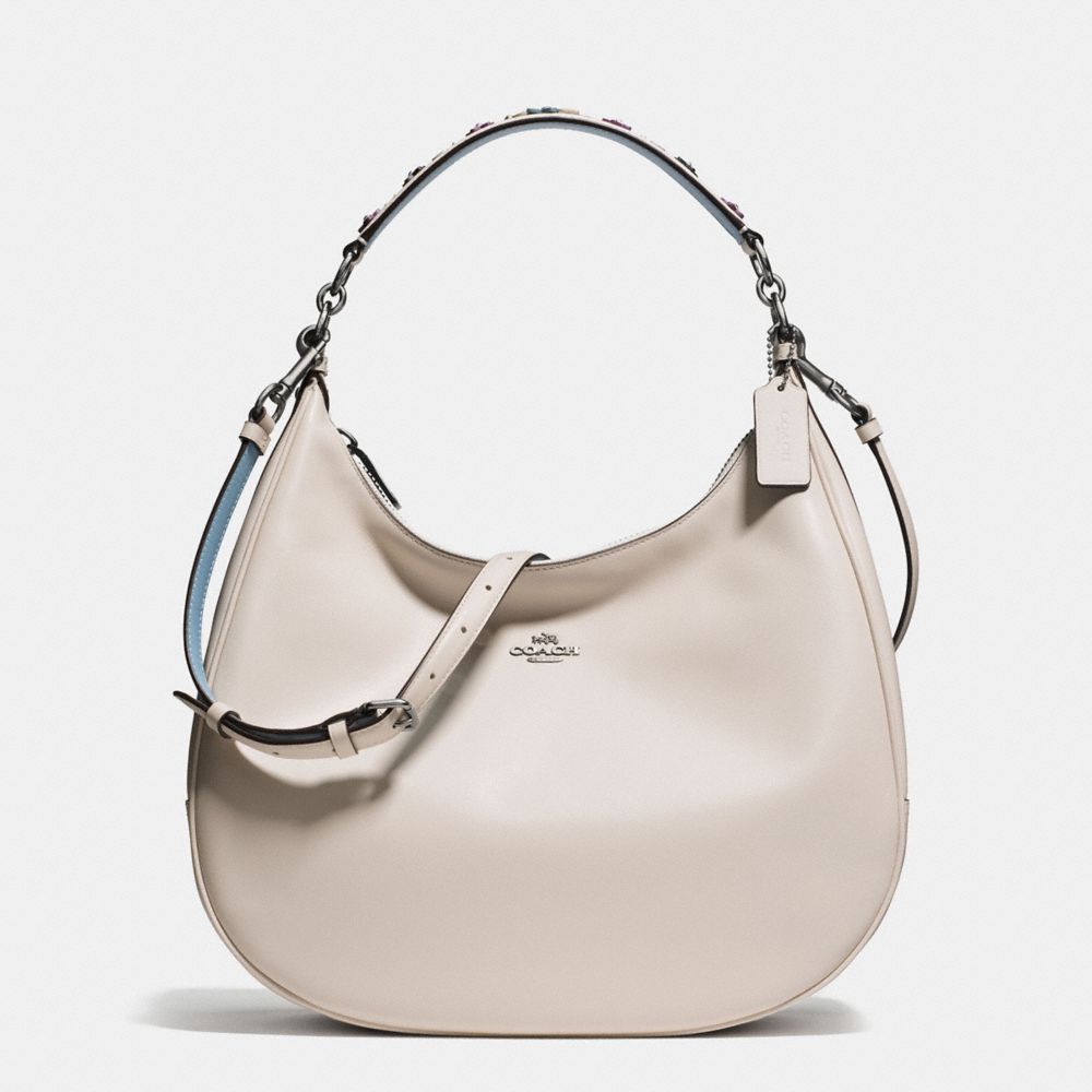 COACH F59455 - HARLEY HOBO IN NATURAL REFINED LEATHER WITH FLORAL APPLIQUE STRAP BLACK ANTIQUE NICKEL/CHALK