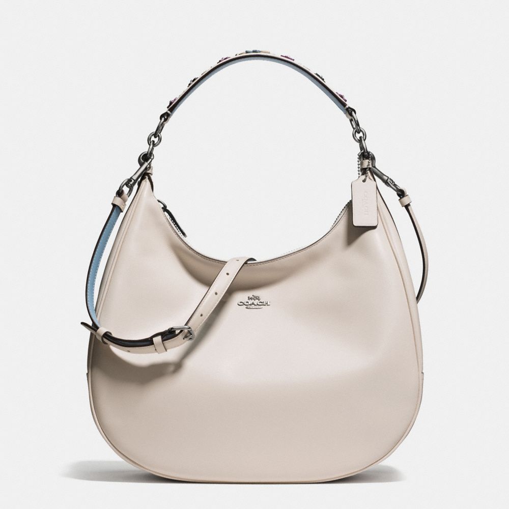 COACH f59455 HARLEY HOBO IN NATURAL REFINED LEATHER WITH FLORAL APPLIQUE STRAP BLACK ANTIQUE NICKEL/CHALK