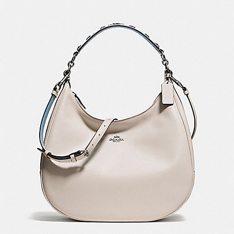 COACH f59455 HARLEY HOBO IN NATURAL REFINED LEATHER WITH FLORAL APPLIQUE STRAP BLACK ANTIQUE NICKEL/CHALK