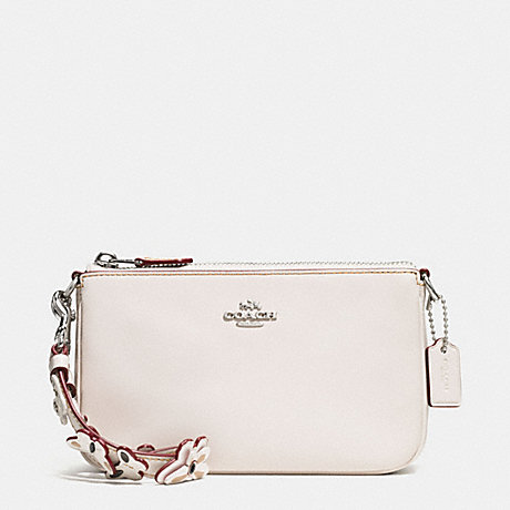 COACH F59525 LARGE WRISTLET 19 IN PEBBLE LEATHER WITH STUDDED STRAP EMBELLISHMENT SILVER/CHALK