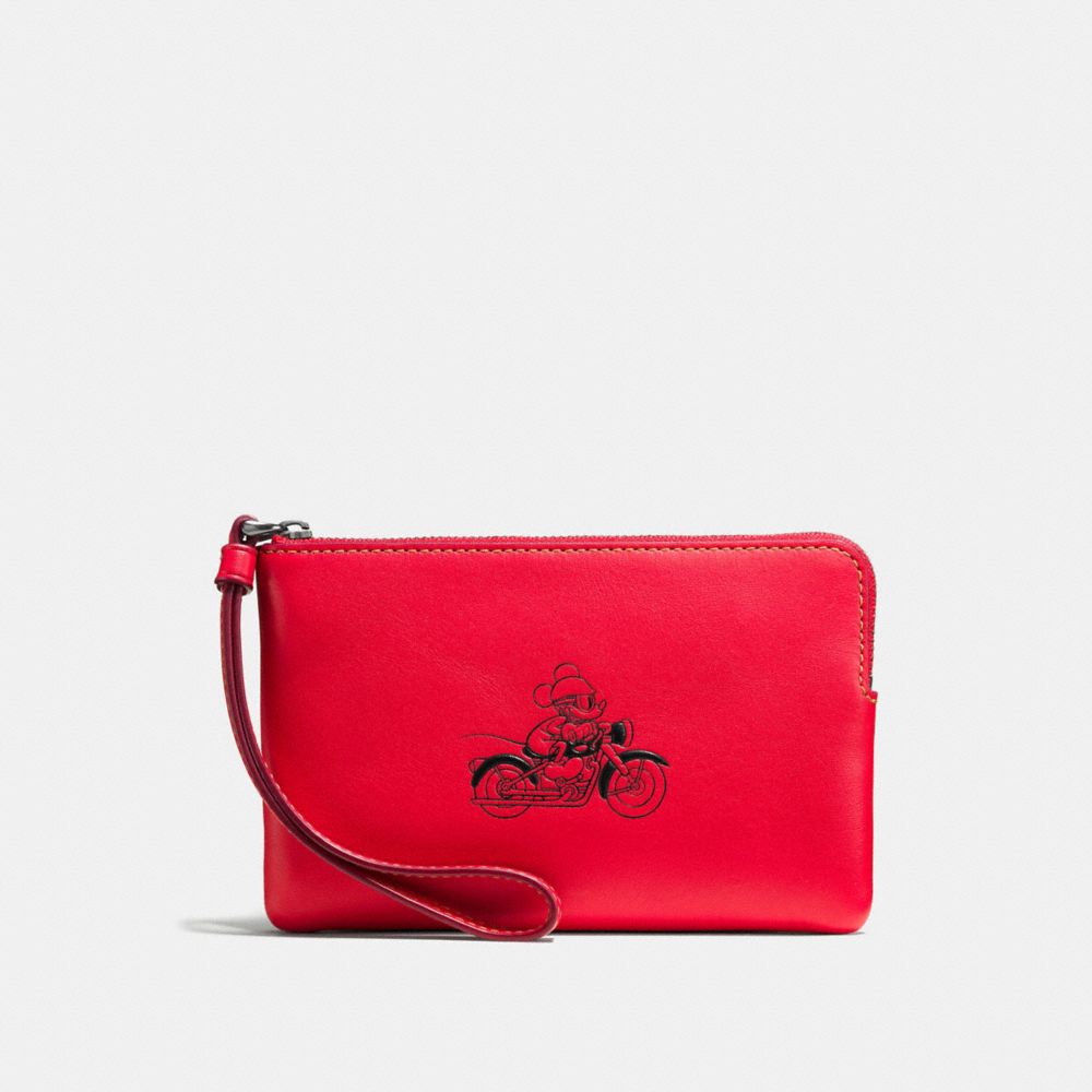 COACH f59528 CORNER ZIP WRISTLET IN GLOVE CALF LEATHER WITH MICKEY BLACK ANTIQUE NICKEL/BRIGHT RED