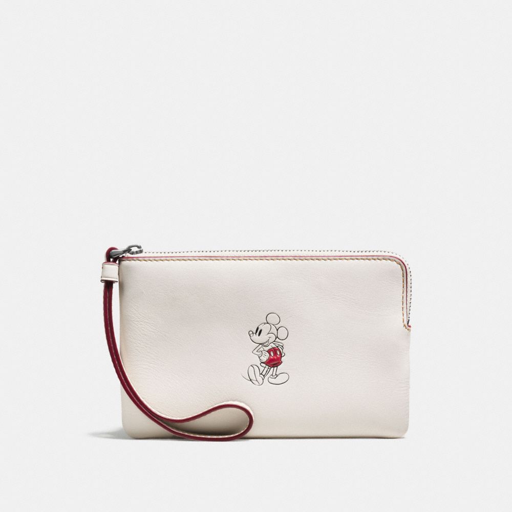 COACH CORNER ZIP WRISTLET IN GLOVE CALF LEATHER WITH MICKEY - BLACK ANTIQUE NICKEL/CHALK - f59528