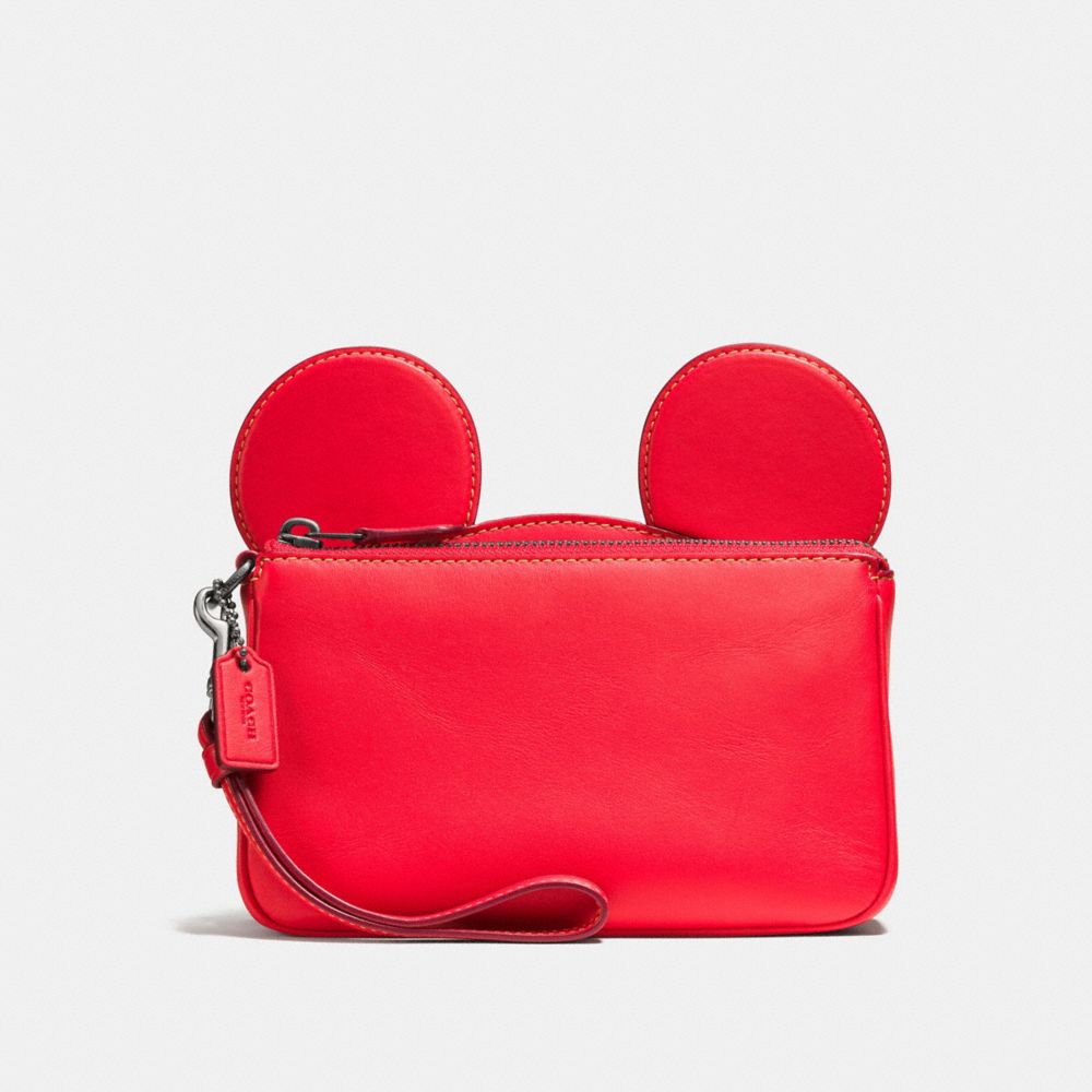 COACH f59529 WRISTLET IN GLOVE CALF LEATHER WITH MICKEY EARS BLACK ANTIQUE NICKEL/BRIGHT RED