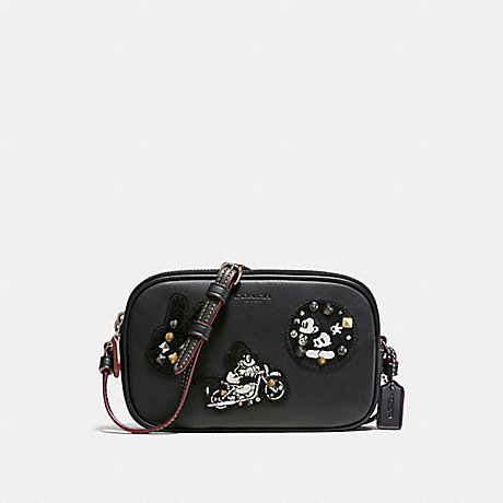 COACH CROSSBODY POUCH IN GLOVE CALF LEATHER WITH MICKEY PATCHES - ANTIQUE NICKEL/BLACK MULTI - f59532