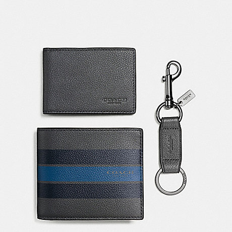 COACH F59538 3-IN-1 WALLET IN SMOOTH CALF LEATHER WITH VARSITY STRIPE GRAPHITE/MIDNIGHT-NAVY/DENIM