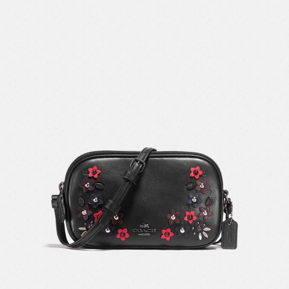 CROSSBODY POUCH IN NATURAL REFINED LEATHER WITH FLORAL APPLIQUE - ANTIQUE NICKEL/BLACK MULTI - COACH F59557