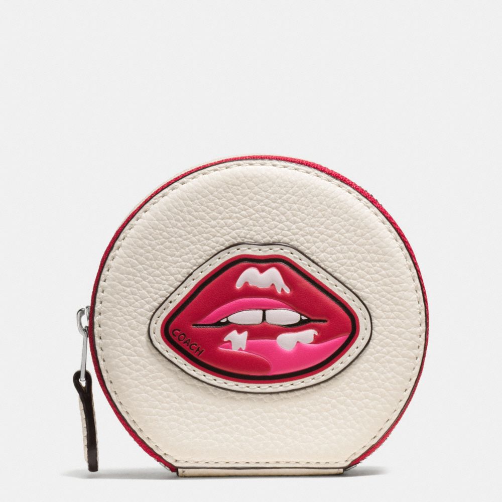 COACH f59559 COIN CASE IN PEBBLE LEATHER WITH LIPS SILVER/MULTI