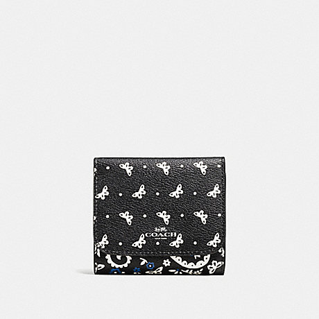 COACH f59725 SMALL WALLET IN BUTTERFLY BANDANA PRINT COATED CANVAS SILVER/BLACK LAPIS