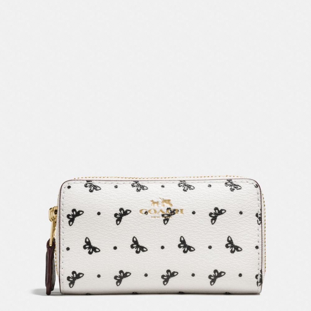 COACH F59782 Double Zip Coin Case In Butterfly Dot Print Coated Canvas IMITATION GOLD/CHALK/BLACK