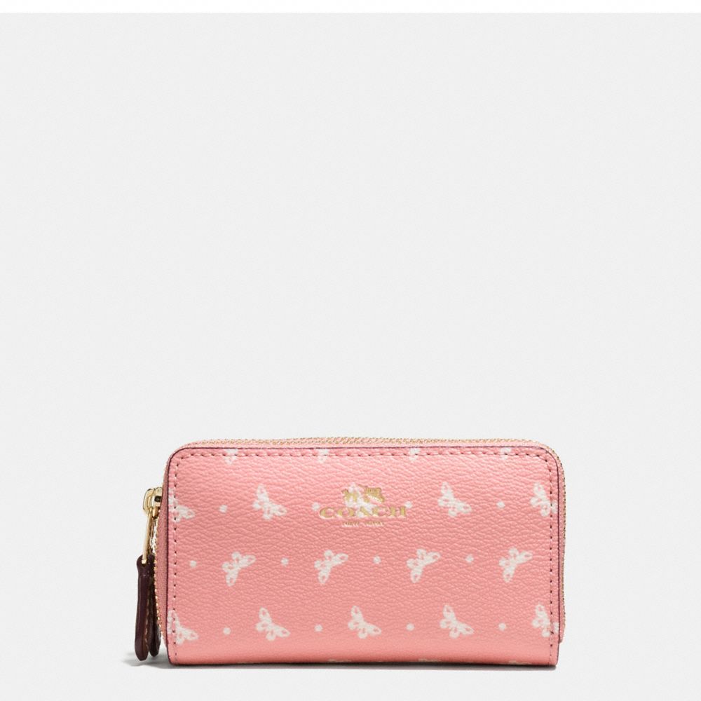 DOUBLE ZIP COIN CASE IN BUTTERFLY DOT PRINT COATED CANVAS - f59782 - IMITATION GOLD/BLUSH CHALK