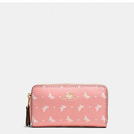 COACH f59782 DOUBLE ZIP COIN CASE IN BUTTERFLY DOT PRINT COATED CANVAS IMITATION GOLD/BLUSH CHALK