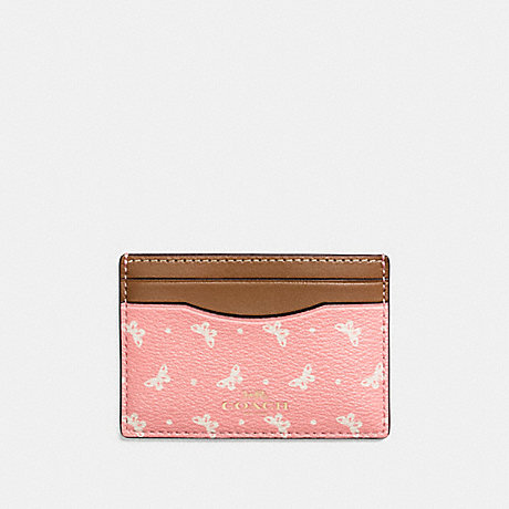 COACH f59787 FLAT CARD CASE IN BUTTERFLY DOT PRINT COATED CANVAS IMITATION GOLD/BLUSH CHALK