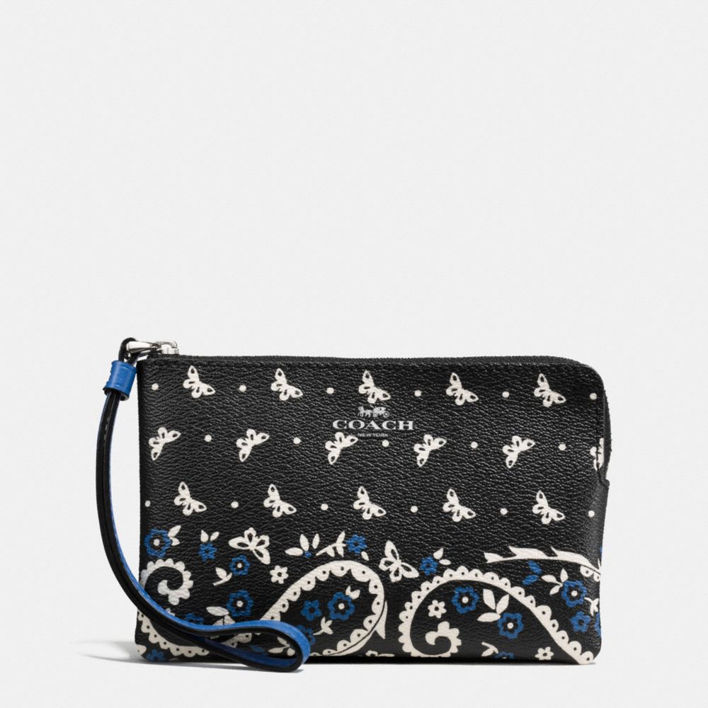 CORNER ZIP WRISTLET IN BUTTERFLY BANDANA PRINT COATED CANVAS - SILVER/BLACK LAPIS - COACH F59790